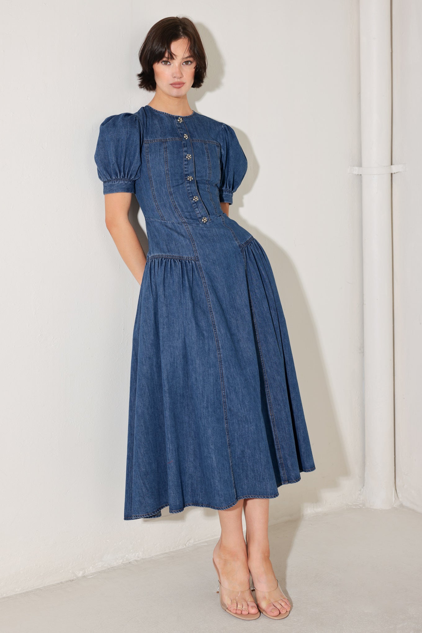 MIDDAY IN BLUE DENIM MIDI DRESS - Flying Tomato - DRESSES - Freemarket