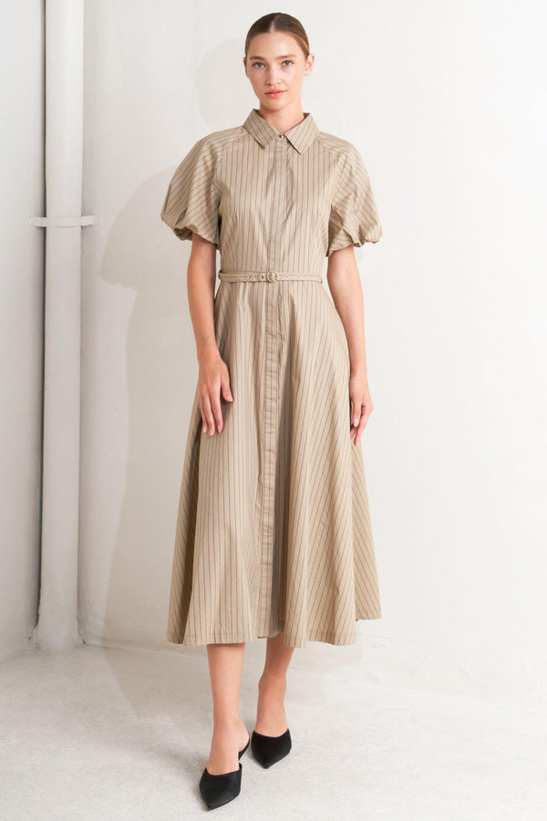 A striped woven midi dress featuring collar, raglan short puff sleeve, hidden button down, self belt and circle skirt