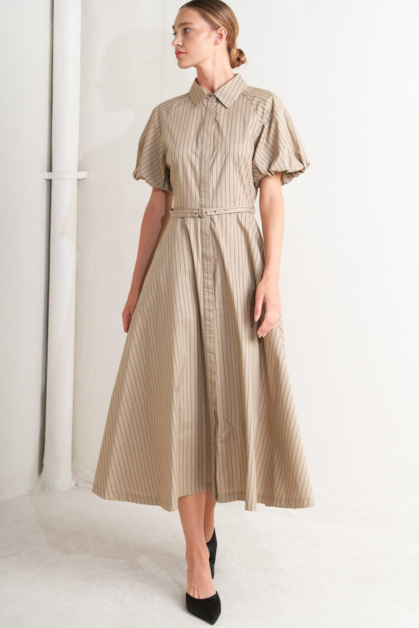 A striped woven midi dress featuring collar, raglan short puff sleeve, hidden button down, self belt and circle skirt