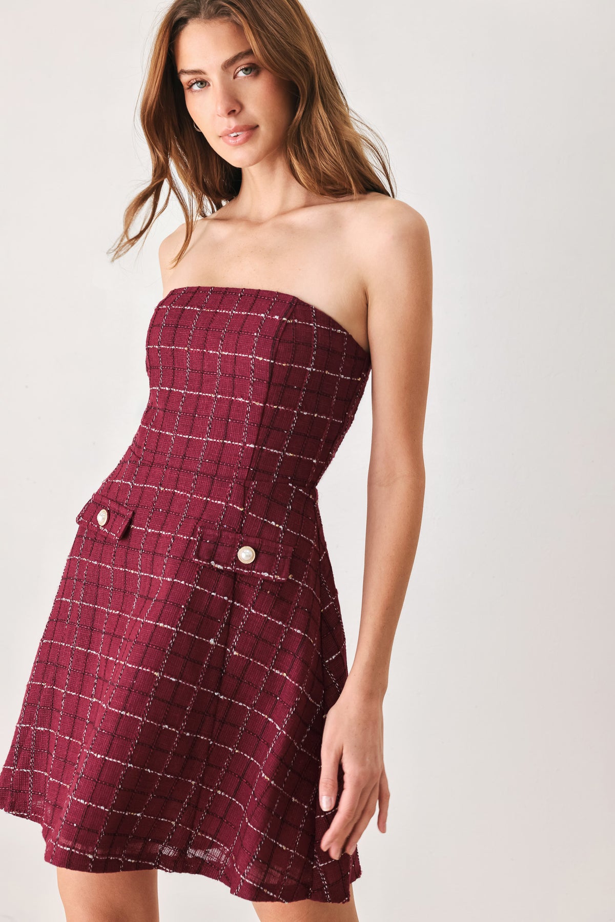 TWEED DOLL WINE WOVEN MINI DRESS