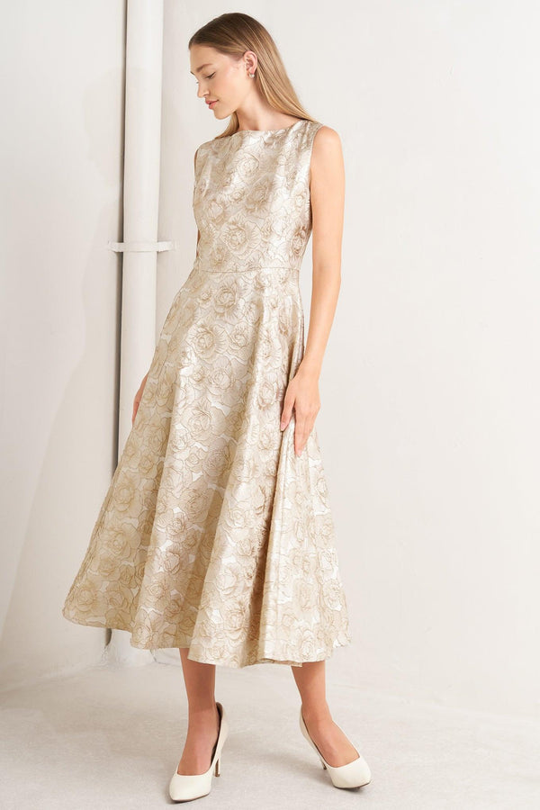 A textured woven midi dress featuring wide neckline, sleeveless, circle skirt and back zipper closure