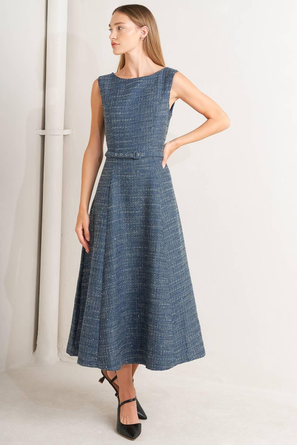 VINTAGE VIBE BOUCLÉ WOVEN TWEED MIDI DRESS, LIGHT NAVY / L