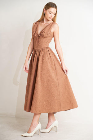 EARTHBOUND CHARM WOVEN MIDI DRESS.
