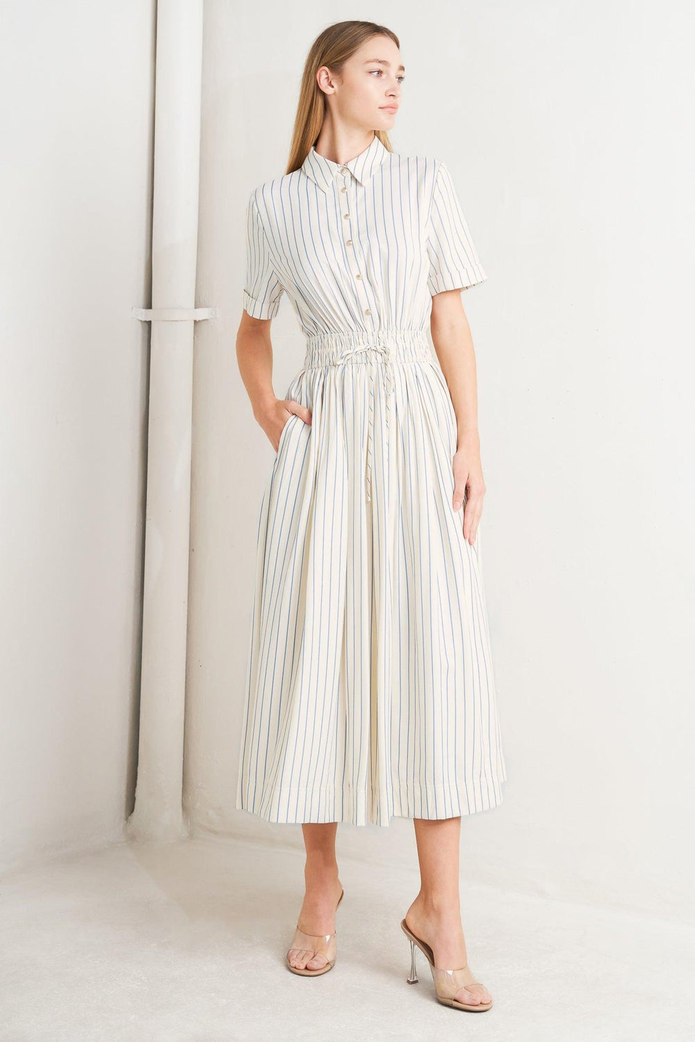 SUNDAY STRIPE WOVEN MIDI DRESS.