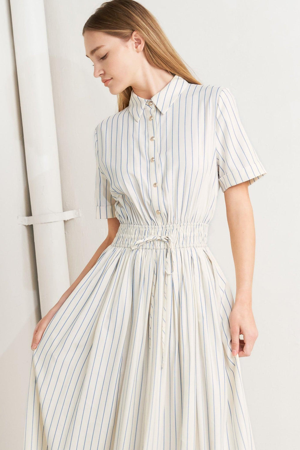 SUNDAY STRIPE WOVEN MIDI DRESS.