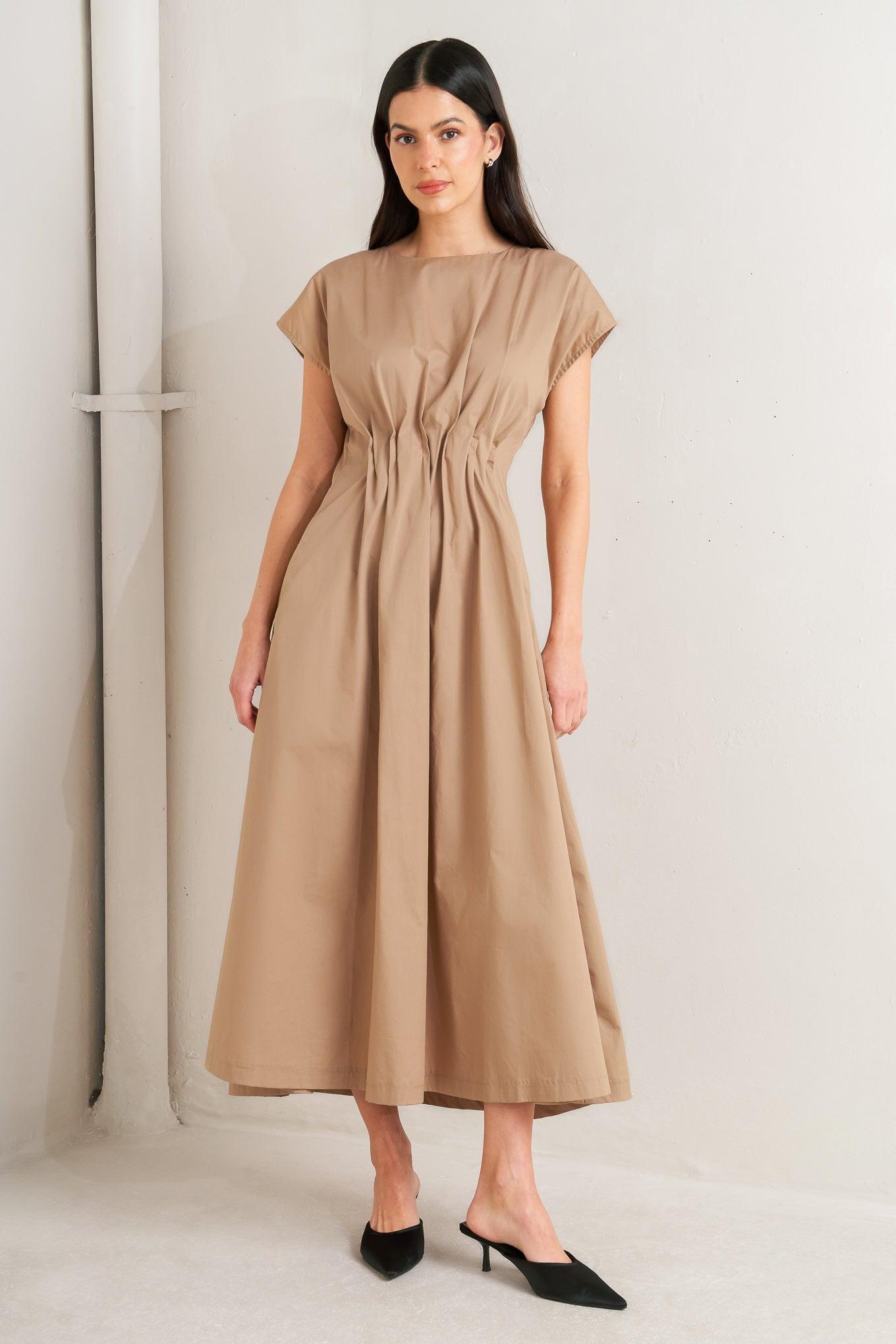 NOVA SAND WOVEN MIDI DRESS.