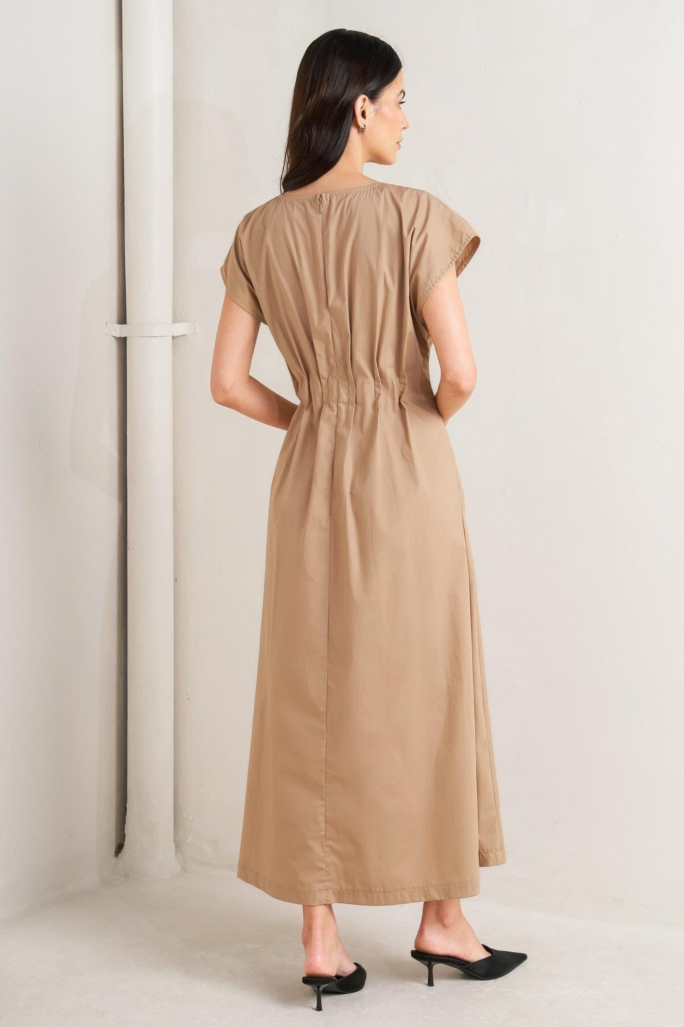 NOVA SAND WOVEN MIDI DRESS.