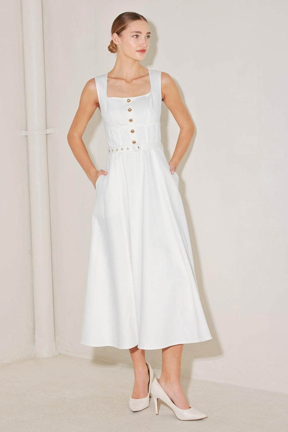 SUMMER SOCIAL WOVEN MIDI DRESS.