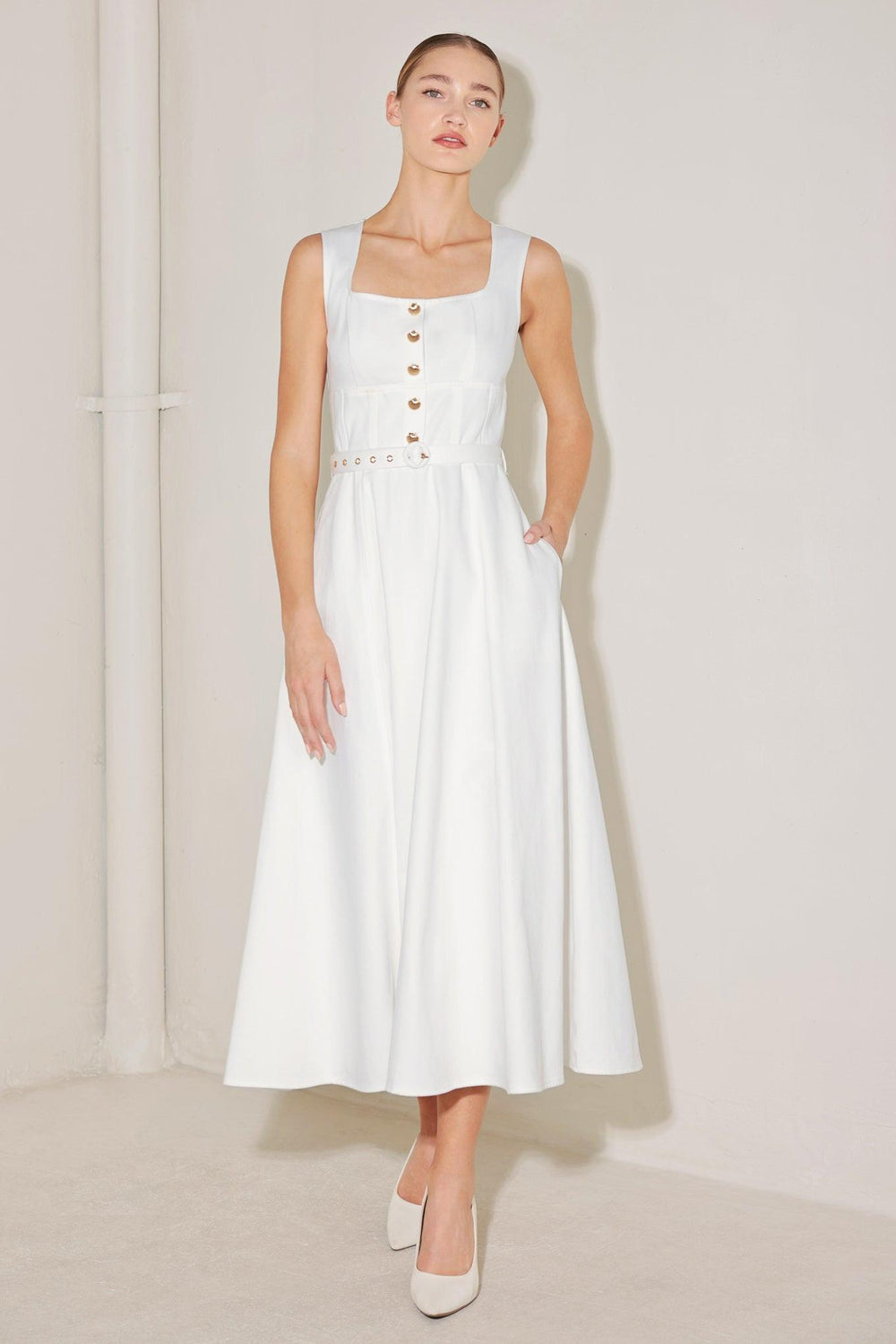 SUMMER SOCIAL WOVEN MIDI DRESS.
