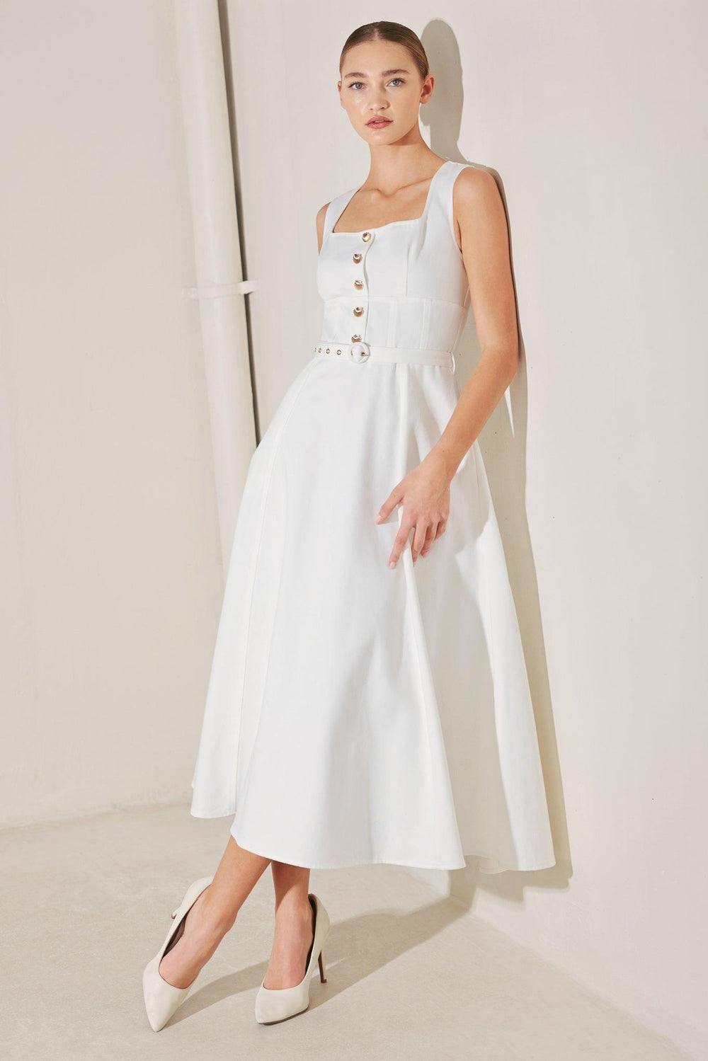 SUMMER SOCIAL WOVEN MIDI DRESS.