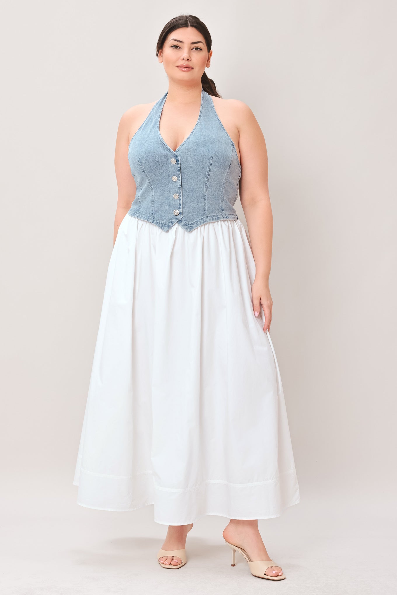 CITY TO COAST WOVEN MIDI DRESS.