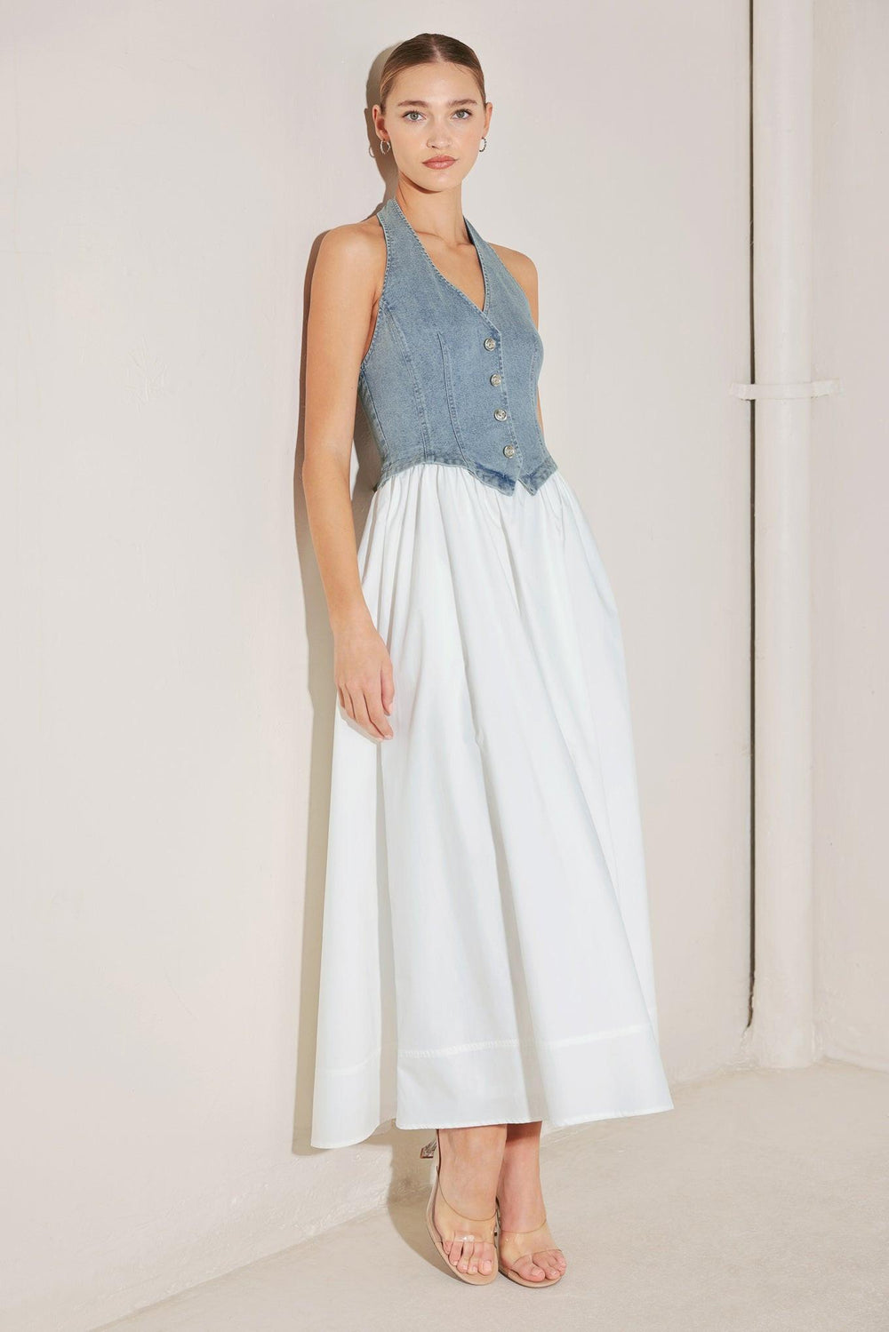 CITY TO COAST WOVEN MIDI DRESS.