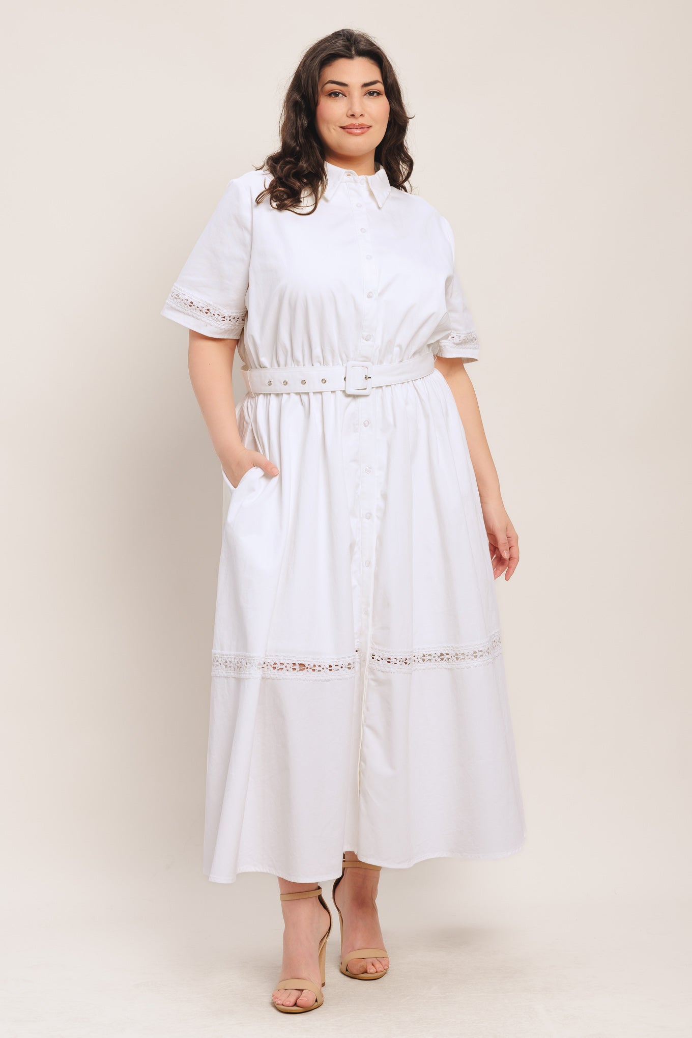 
A solid woven midi dress featuring collar, short sleeve with lace inset, front button down, self belt, circle skirt with lace inset bottom

Details:

Self : 100% Cotton
Lining : 100% Polyester

Size &amp; Fit

- Model is 5`8" And Wearing Size Small
- Measurements Taken From Size Small
- Approx. Length: 50"