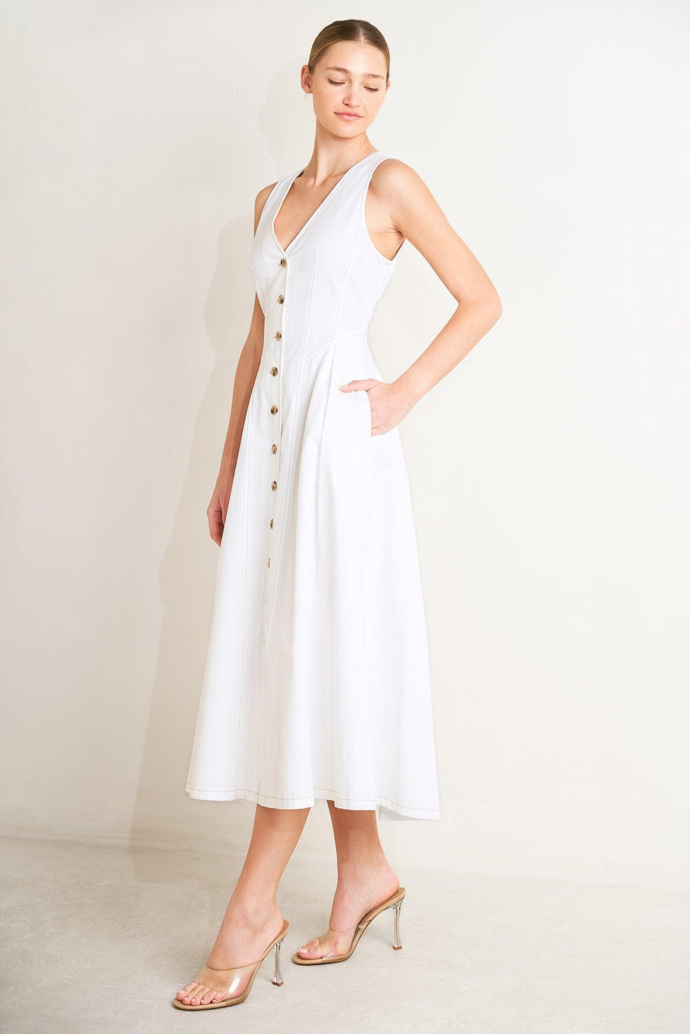 ELEGANTLY YOURS WOVEN MIDI DRESS.