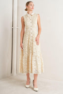 A woven lace midi dress featuring contrasting collar, placket and belt, sleeveless, button down and ruffle hem

Details:

Self: 65% Cotton 35% Nylon

Contrast: 100% Polyester

Lining: 100% Polyester

Size & Fit

-Model is 5`8" And Wearing Size Small
-Measurements Taken From Size Small
-Approx. Length: 52"