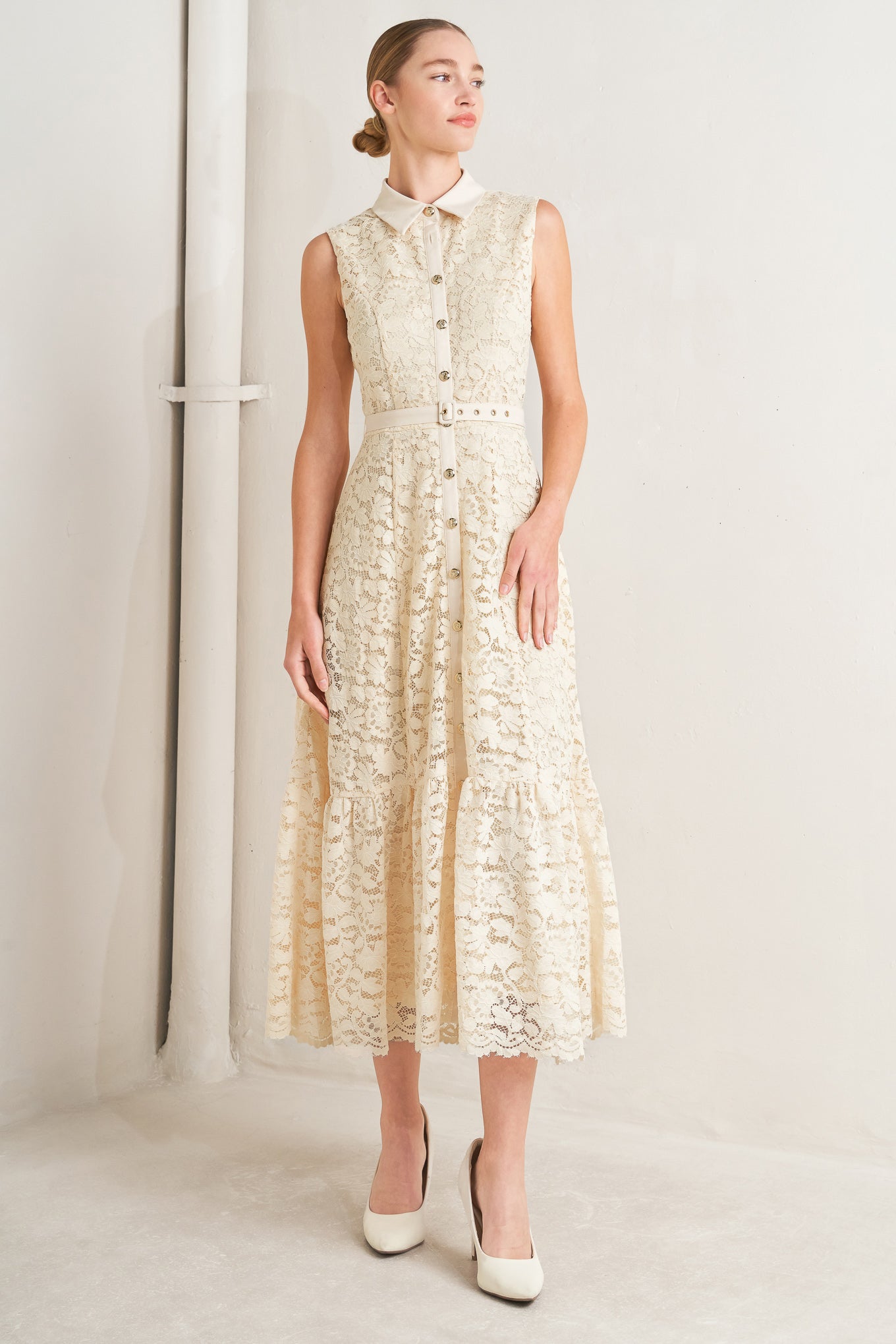 A woven lace midi dress featuring contrasting collar, placket and belt, sleeveless, button down and ruffle hem

Details:

Self: 65% Cotton 35% Nylon

Contrast: 100% Polyester

Lining: 100% Polyester

Size & Fit

-Model is 5`8" And Wearing Size Small
-Measurements Taken From Size Small
-Approx. Length: 52"