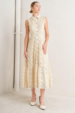 A woven lace midi dress featuring contrasting collar, placket and belt, sleeveless, button down and ruffle hem

Details:

Self: 65% Cotton 35% Nylon

Contrast: 100% Polyester

Lining: 100% Polyester

Size & Fit

-Model is 5`8" And Wearing Size Small
-Measurements Taken From Size Small
-Approx. Length: 52"