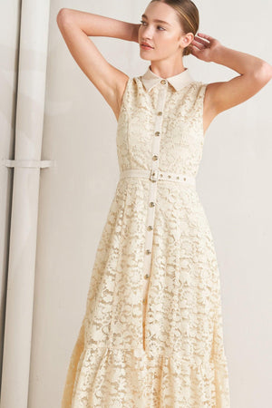 A woven lace midi dress featuring contrasting collar, placket and belt, sleeveless, button down and ruffle hem

Details:

Self: 65% Cotton 35% Nylon

Contrast: 100% Polyester

Lining: 100% Polyester

Size & Fit

-Model is 5`8" And Wearing Size Small
-Measurements Taken From Size Small
-Approx. Length: 52"