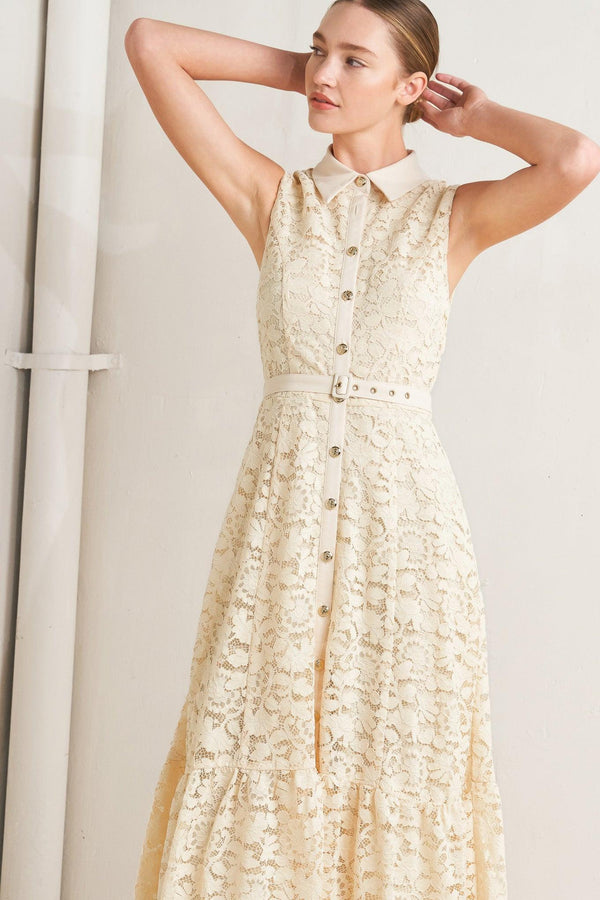 A woven lace midi dress featuring contrasting collar, placket and belt, sleeveless, button down and ruffle hem

Details:

Self: 65% Cotton 35% Nylon

Contrast: 100% Polyester

Lining: 100% Polyester

Size & Fit

-Model is 5`8" And Wearing Size Small
-Measurements Taken From Size Small
-Approx. Length: 52"