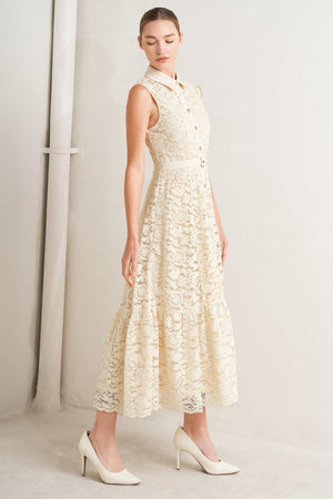 A woven lace midi dress featuring contrasting collar, placket and belt, sleeveless, button down and ruffle hem

Details:

Self: 65% Cotton 35% Nylon

Contrast: 100% Polyester

Lining: 100% Polyester

Size & Fit

-Model is 5`8" And Wearing Size Small
-Measurements Taken From Size Small
-Approx. Length: 52"
