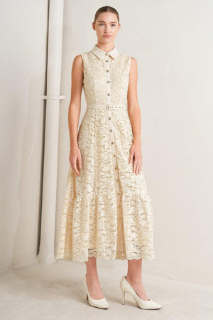 A woven lace midi dress featuring contrasting collar, placket and belt, sleeveless, button down and ruffle hem

Details:

Self: 65% Cotton 35% Nylon

Contrast: 100% Polyester

Lining: 100% Polyester

Size & Fit

-Model is 5`8" And Wearing Size Small
-Measurements Taken From Size Small
-Approx. Length: 52"