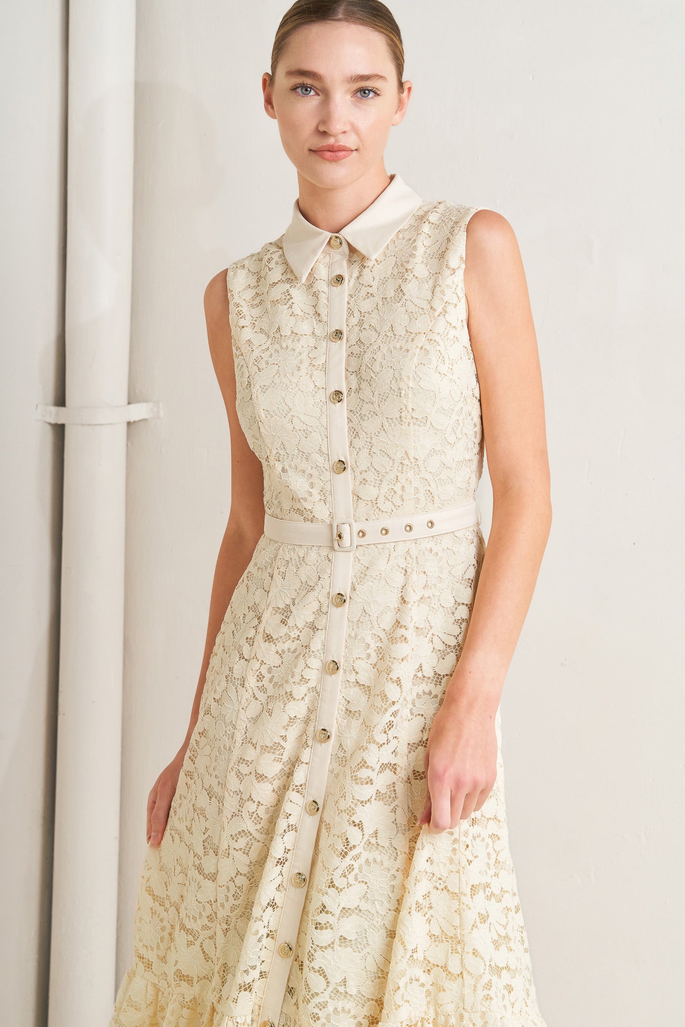 A woven lace midi dress featuring contrasting collar, placket and belt, sleeveless, button down and ruffle hem

Details:

Self: 65% Cotton 35% Nylon

Contrast: 100% Polyester

Lining: 100% Polyester

Size & Fit

-Model is 5`8" And Wearing Size Small
-Measurements Taken From Size Small
-Approx. Length: 52"