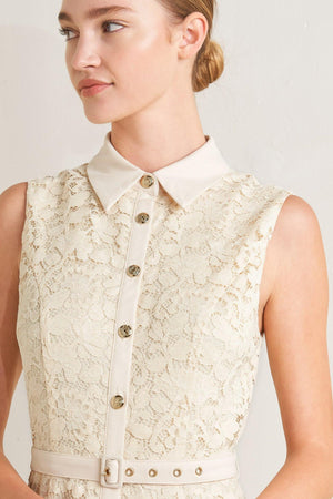 A woven lace midi dress featuring contrasting collar, placket and belt, sleeveless, button down and ruffle hem

Details:

Self: 65% Cotton 35% Nylon

Contrast: 100% Polyester

Lining: 100% Polyester

Size & Fit

-Model is 5`8" And Wearing Size Small
-Measurements Taken From Size Small
-Approx. Length: 52"