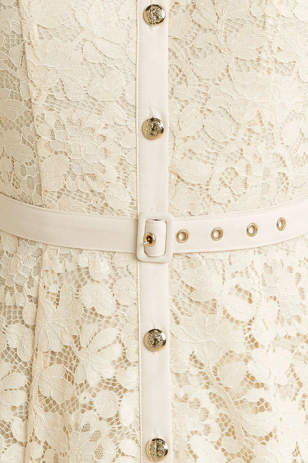 A woven lace midi dress featuring contrasting collar, placket and belt, sleeveless, button down and ruffle hem

Details:

Self: 65% Cotton 35% Nylon

Contrast: 100% Polyester

Lining: 100% Polyester

Size & Fit

-Model is 5`8" And Wearing Size Small
-Measurements Taken From Size Small
-Approx. Length: 52"