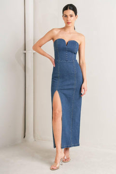 RAW ECHO DENIM MIDI DRESS.