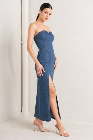 RAW ECHO DENIM MIDI DRESS.