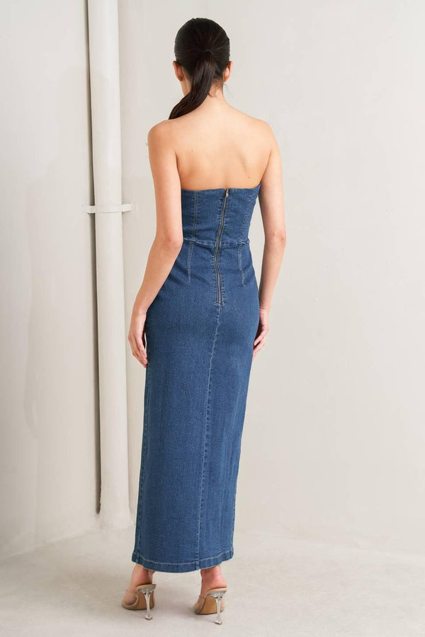 RAW ECHO DENIM MIDI DRESS.