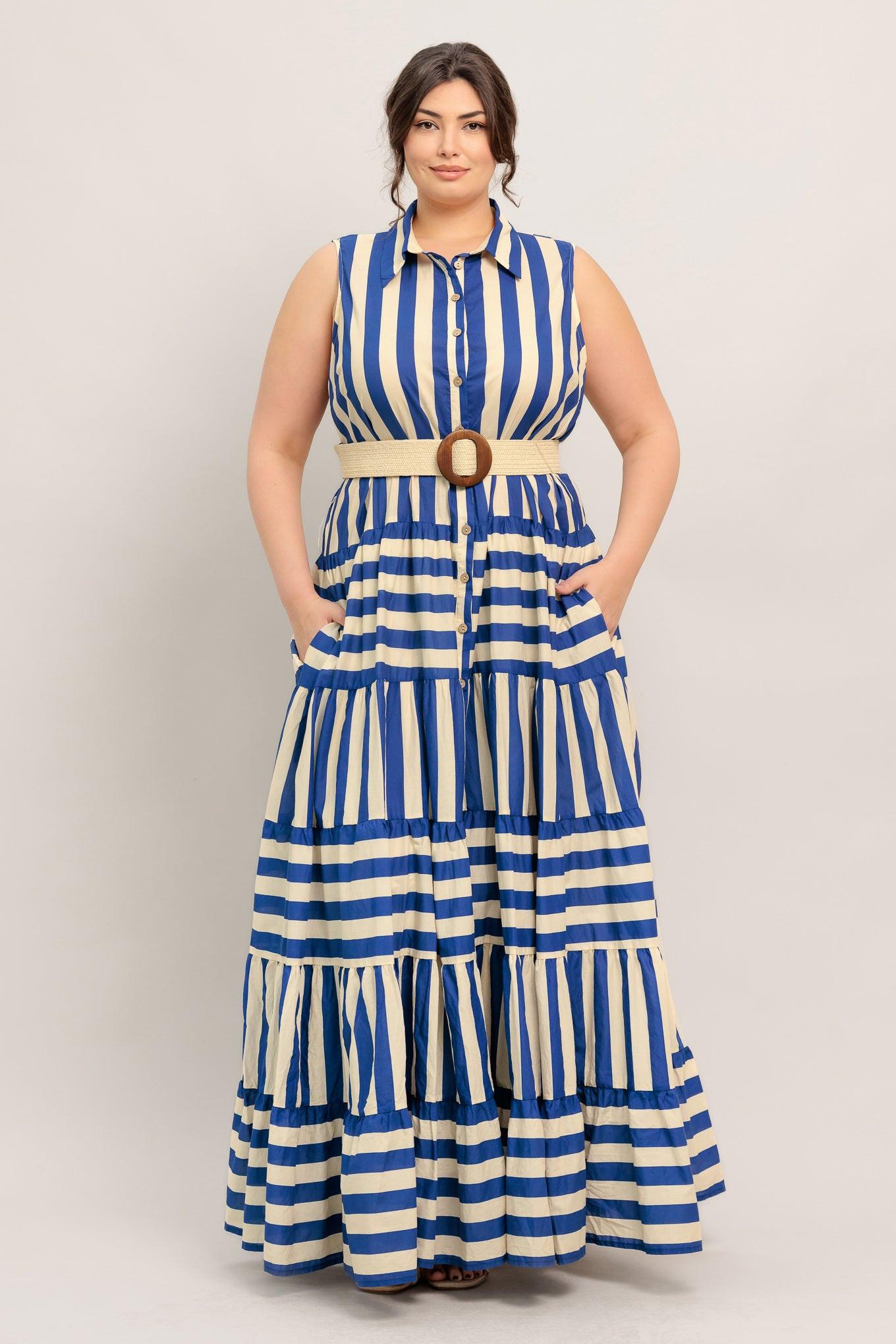 
A striped maxi dress featuring collar, sleeveless, button down, contrasting belt and tiered skirt

Details:

Self : 100% Cotton
Lining : 100% Polyester

Size &amp; Fit

- Model is 5`8" And Wearing Size Small
- Measurements Taken From Size Small
- Approx. Length: 60"