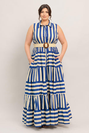 
A striped maxi dress featuring collar, sleeveless, button down, contrasting belt and tiered skirt

Details:

Self : 100% Cotton
Lining : 100% Polyester

Size &amp; Fit

- Model is 5`8" And Wearing Size Small
- Measurements Taken From Size Small
- Approx. Length: 60"