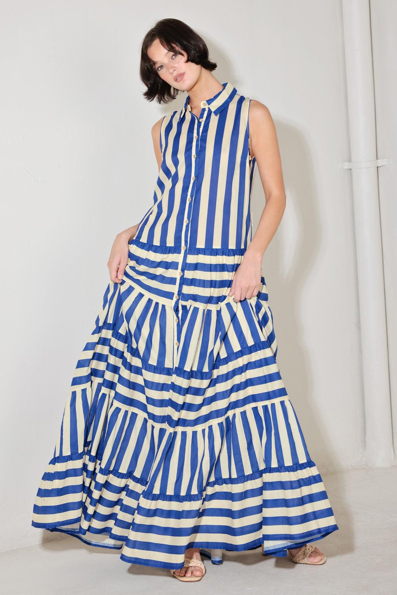 
A striped maxi dress featuring collar, sleeveless, button down, contrasting belt and tiered skirt

Details:

Self : 100% Cotton
Lining : 100% Polyester

Size &amp; Fit

- Model is 5`8" And Wearing Size Small
- Measurements Taken From Size Small
- Approx. Length: 60"
