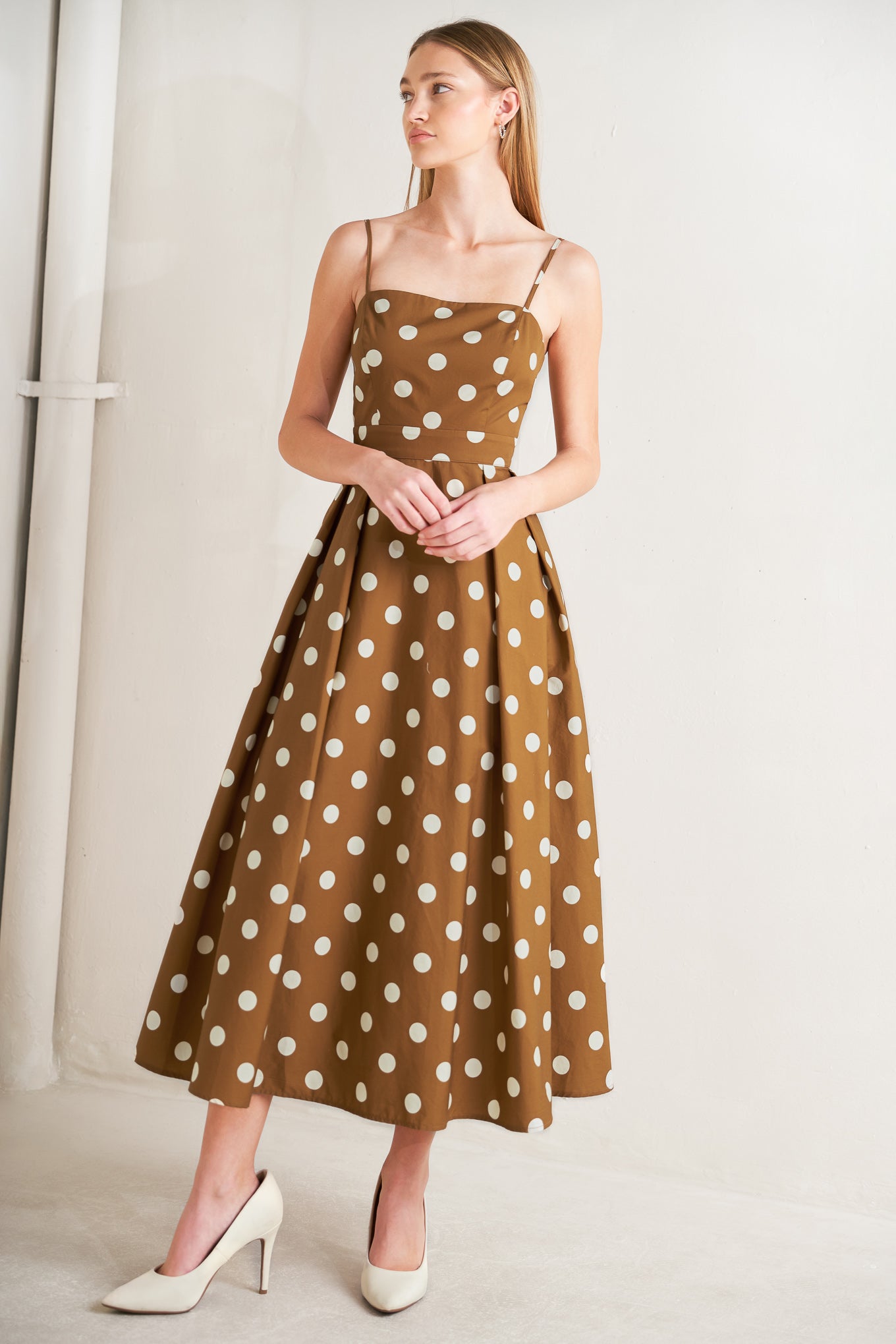 ESPRESSO DOT DREAM WOVEN MIDI DRESS - Flying Tomato - DRESSES - Freemarket