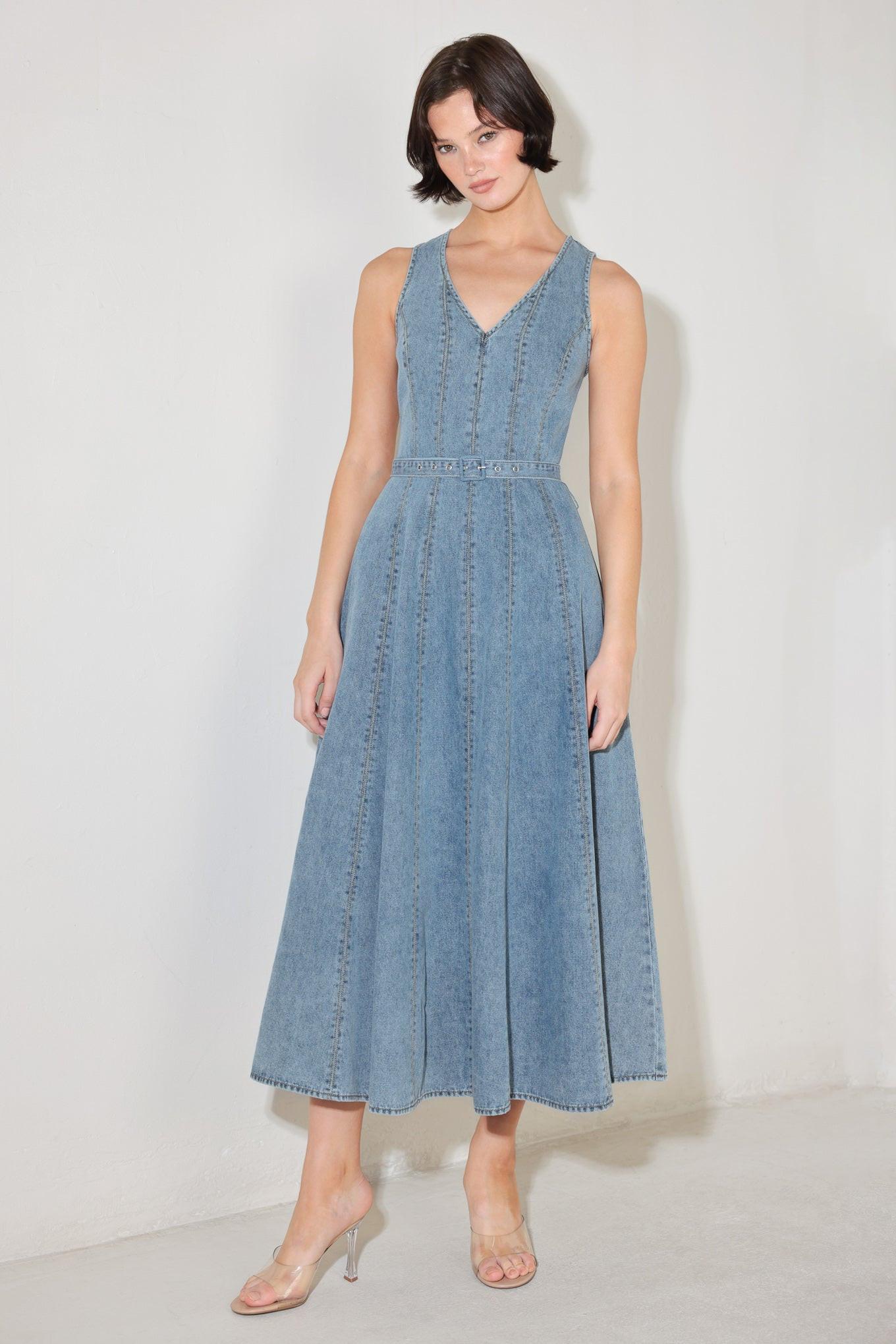 freemarket denim dress Freemarket Pleated Denim Midi Shirt Dress - Indigo