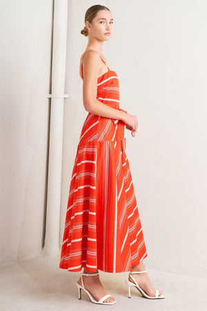 
A striped woven midi dress featuring straight neckline, straps, self sash tie, circle skirt and back zipper closure

Details:

Self : 100% Cotton

Size &amp; Fit

- Model is 5`8" And Wearing Size Small
- Measurements Taken From Size Small
- Approx. Length: 53" Flying Tomato
