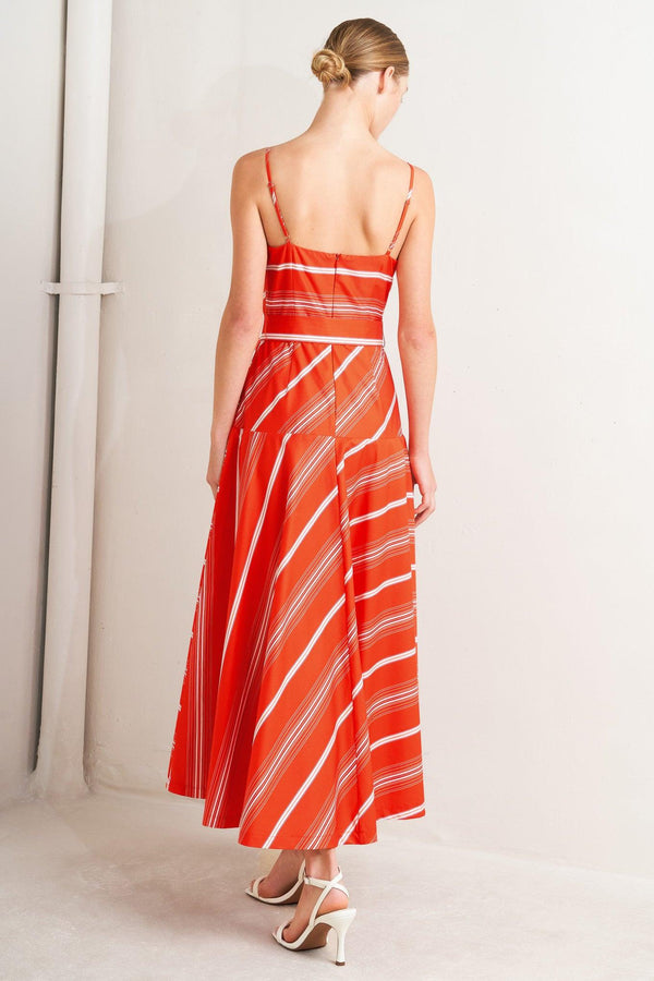 
A striped woven midi dress featuring straight neckline, straps, self sash tie, circle skirt and back zipper closure

Details:

Self : 100% Cotton

Size &amp; Fit

- Model is 5`8" And Wearing Size Small
- Measurements Taken From Size Small
- Approx. Length: 53" Flying Tomato