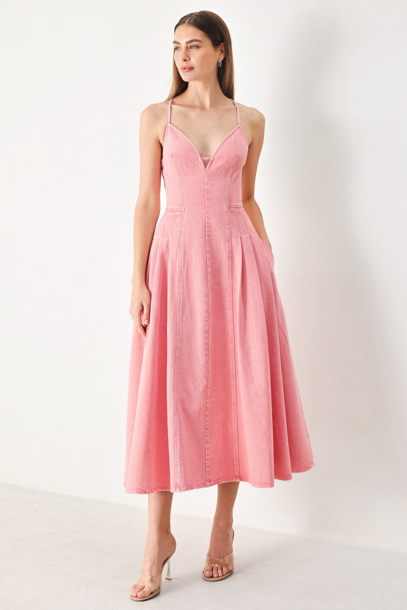 PINK HAZE WOVEN TWILL MIDI DRESS.