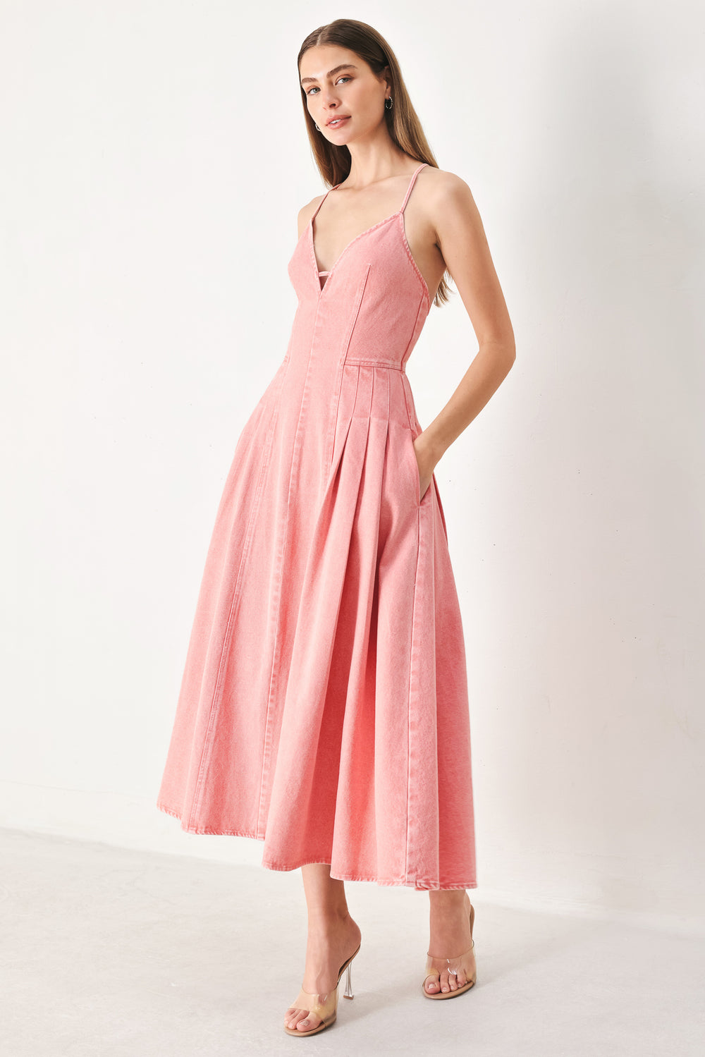 PINK HAZE WOVEN TWILL MIDI DRESS.