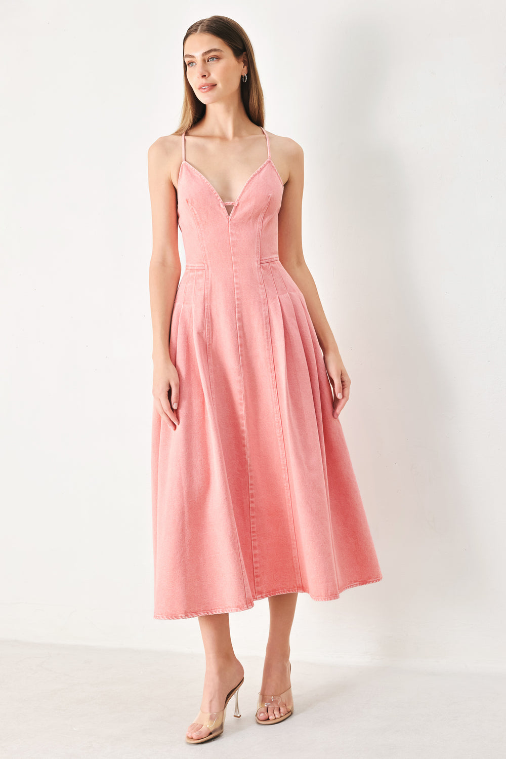 PINK HAZE WOVEN TWILL MIDI DRESS.