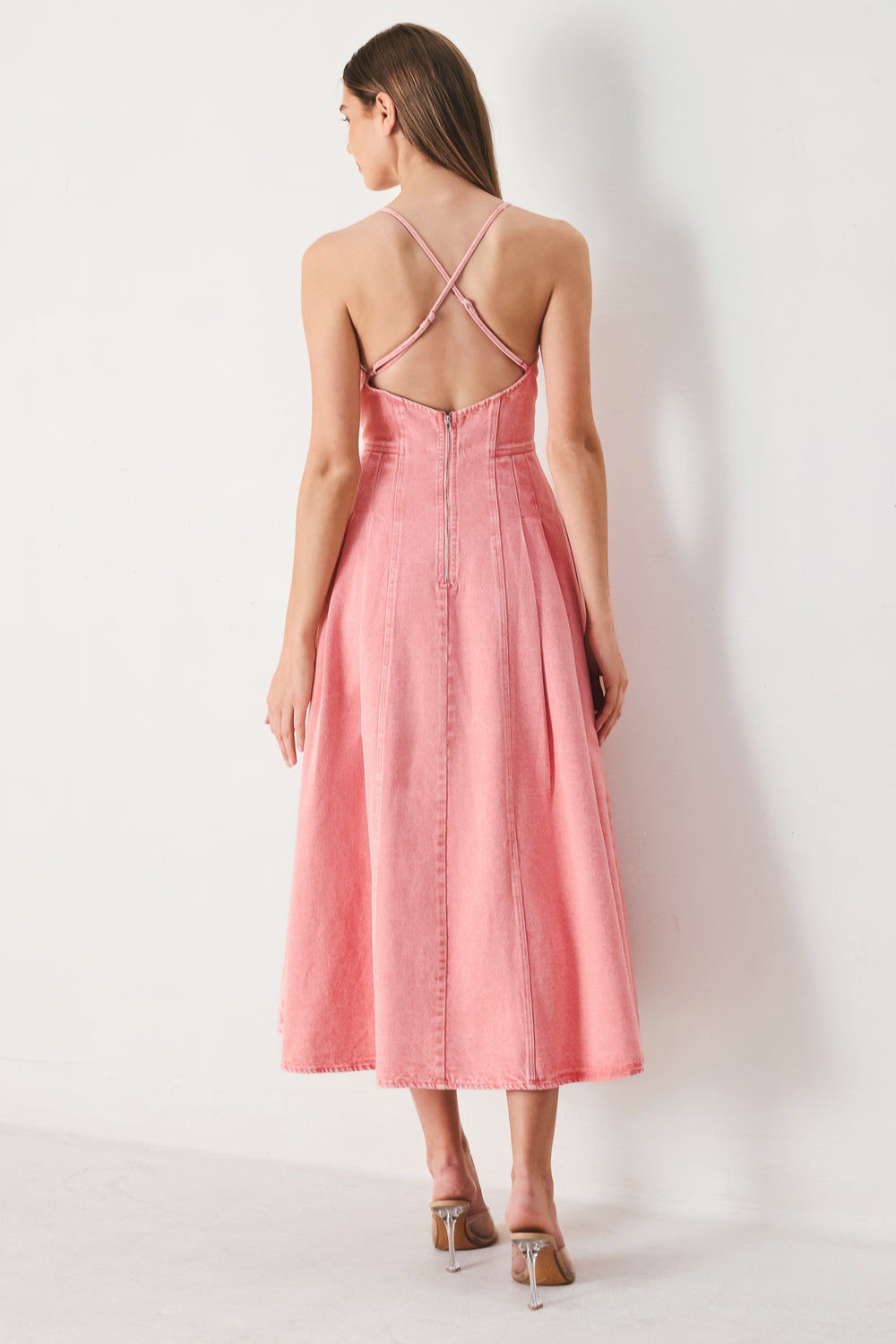 PINK HAZE WOVEN TWILL MIDI DRESS.