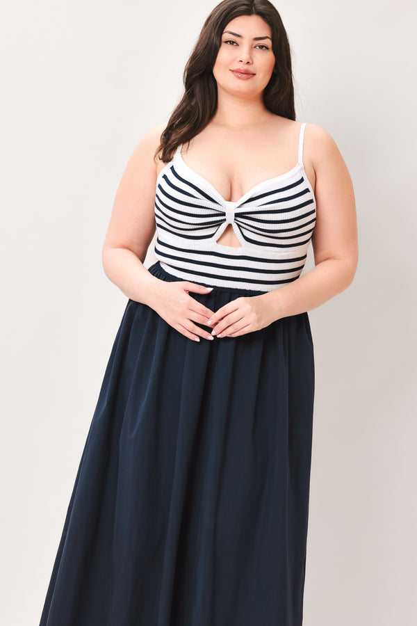 PARIS STRIPE CUTOUT MIDI DRESS.
