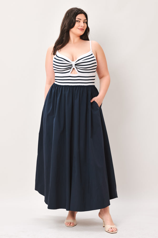 PARIS STRIPE CUTOUT MIDI DRESS.