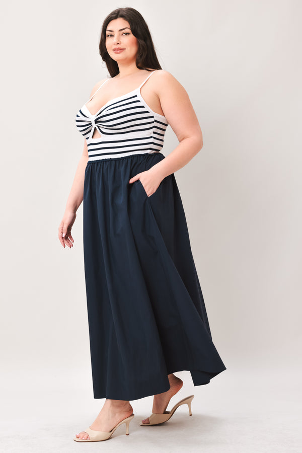 PARIS STRIPE CUTOUT MIDI DRESS.