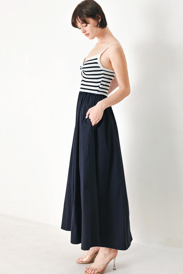 PARIS STRIPE CUTOUT MIDI DRESS.