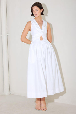 
A solid midi dress featuring knit top with V neckline, sleeveless, twist front detail with cut out, full woven skirt and back zipper closure

Details:

Self : 100% Cotton
Contrast : 96% Cotton 4% Spandex
Lining : 100% Polyester

Size &amp; Fit

- Model is 5`8" And Wearing Size Small
- Measurements Taken From Size Small
- Approx. Length: 52"