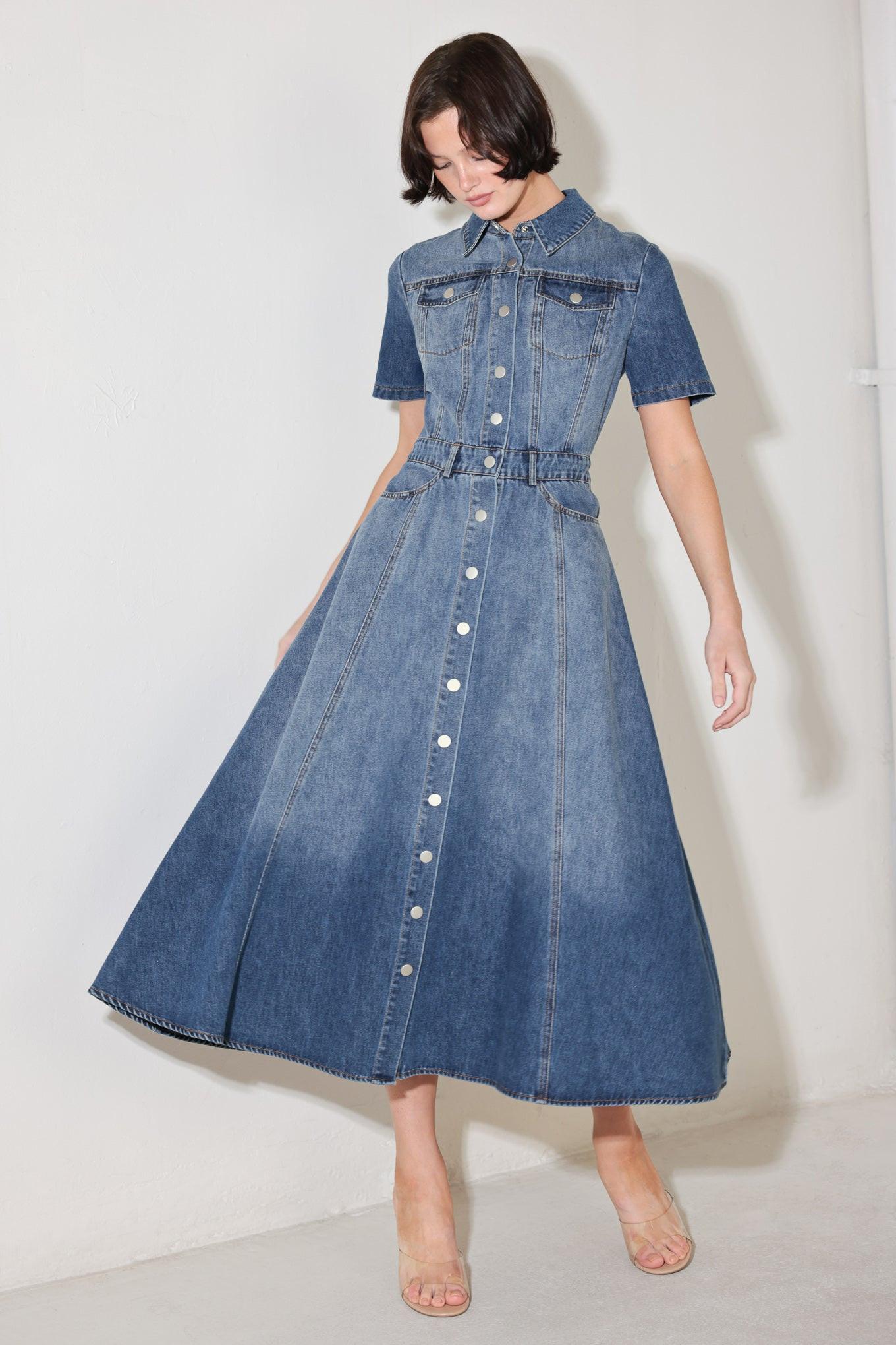 BLUEBIRD PROMENADE DENIM MIDI DRESS l FREEMARKET Flying Tomato BLUEBIRD PROMENADE DENIM MIDI DRESS l FREEMARKET Flying Tomato