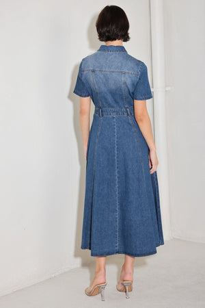 
A washed denim midi dress featuring, collar, short sleeve, pockets, front button down and circle skirt

Details:

Self : 90% Cotton 10% Polyester

Size &amp; Fit

- Model is 5`8" And Wearing Size Small
- Measurements Taken From Size Small
- Approx. Length: 50"