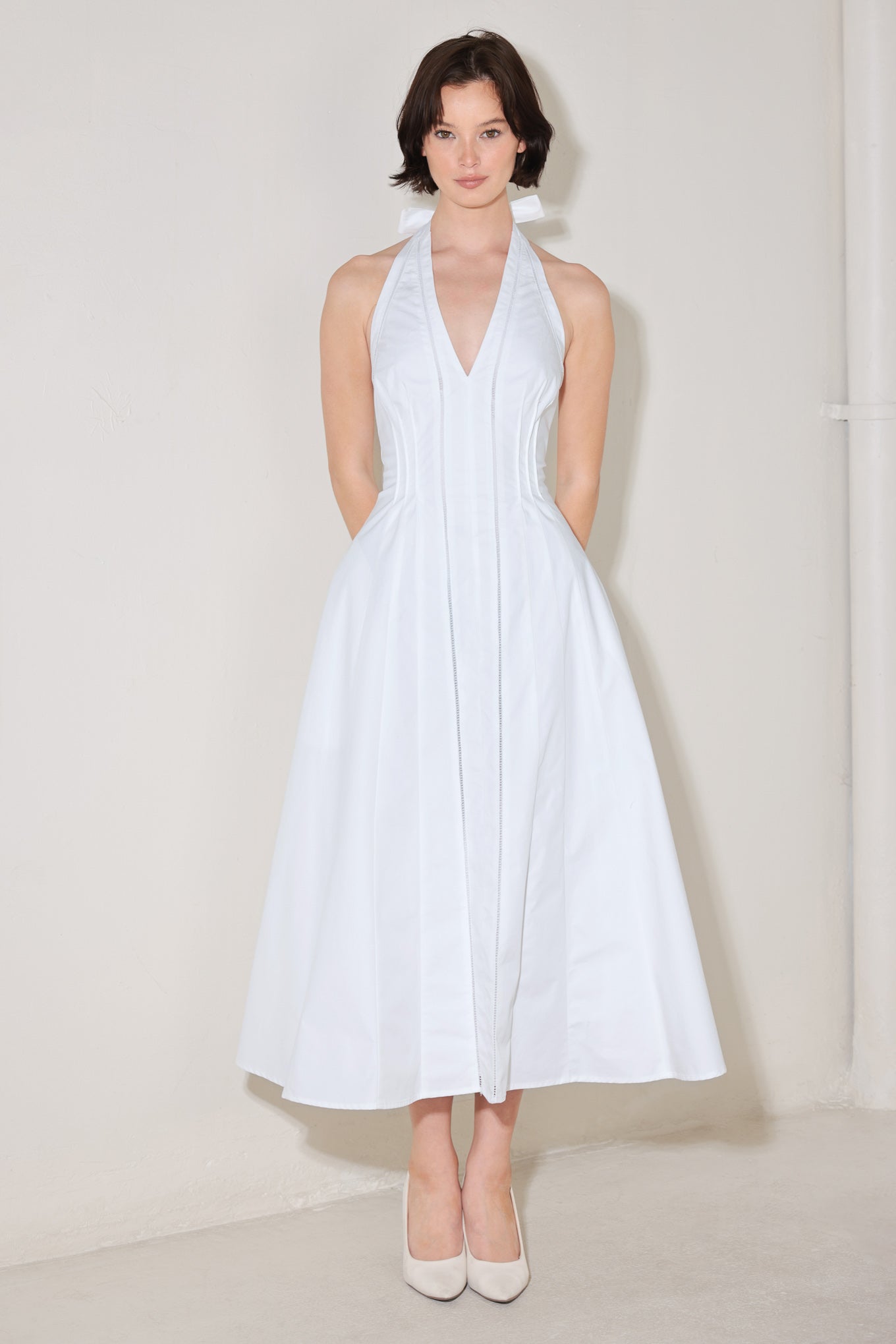 POWDER SKY HALTER WOVEN MIDI DRESS